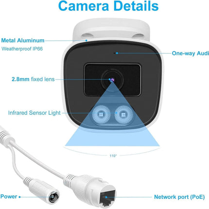 PoE IP Bullet Camera with Microphone 108° Wide Angle 2.8 mm Lens, 24/7 Recording renewed