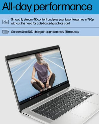 HP 14'' Chromebook Laptop, Intel Celeron N4120, 4 GB RAM, 64 eMMC, HD Display, Chrome OS, Intel UHD Graphics 600, Long Battery Life, Ash Gray Keyboard (14a-na0226nr, 2022, Mineral Silver) (Renewed)