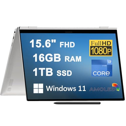SAMSUNG Galaxy Book2 Pro 360 15 2-in-1 Laptop 15.6" FHD AMOLED Touchscreen 12th Generation Intel 12-Core i7-1260P 16GB RAM 1TB SSD Backlit Keyboard Fingerprint Thunderbolt USB-C HDMI Win11 Silver