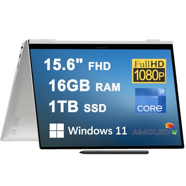 SAMSUNG Galaxy Book2 Pro 360 15 2-in-1 Laptop 15.6" FHD AMOLED Touchscreen 12th Generation Intel 12-Core i7-1260P 16GB RAM 1TB SSD Backlit Keyboard Fingerprint Thunderbolt USB-C HDMI Win11 Silver