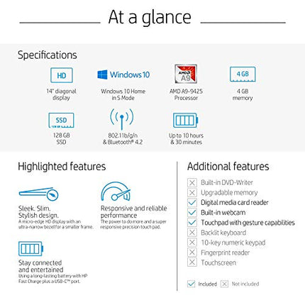 HP 14-Inch Laptop, 7th Gen AMD A9-9425, 4 GB SDRAM Memory, 128 GB Solid-State Drive, Windows 10 Home in S Mode (14-dk0020nr, Natural Silver) (Renewed)