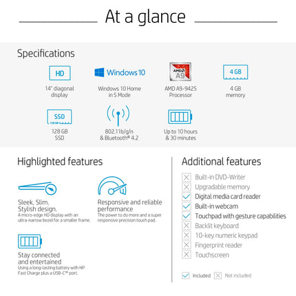 HP 14-Inch Laptop, 7th Gen AMD A9-9425, 4 GB SDRAM Memory, 128 GB Solid-State Drive, Windows 10 Home in S Mode (14-dk0020nr, Natural Silver) (Renewed)