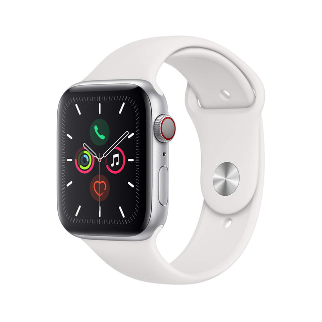 Apple Watch Series 5 (GPS + Cellular, 44MM) - Silver Aluminum Case with White Sport Band (Renewed)