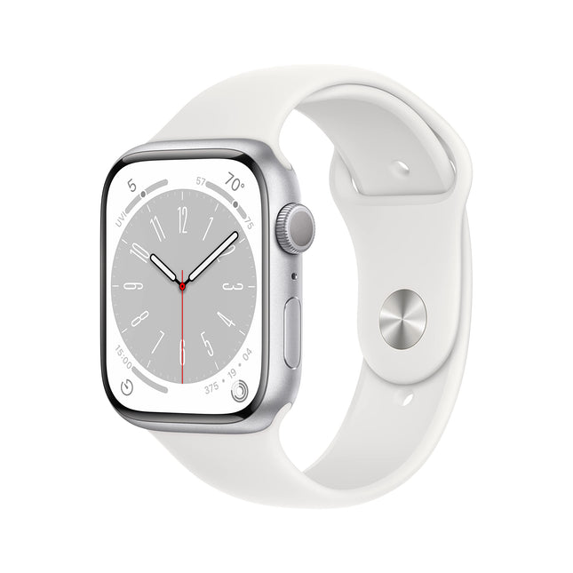 Apple Watch Series 8 (GPS, 45MM) Silver Aluminum Case with White Sport Band (Renewed)