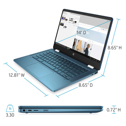 HP Laptop X360 14a Chromebook 14" HD Touchscreen, Entertaining from Any Angle Intel Celeron, 4GB DDR4 64GB eMMC WiFi Webcam Stereo Speakers Bluetooth 4.2 Chrome Blue Metallic Color