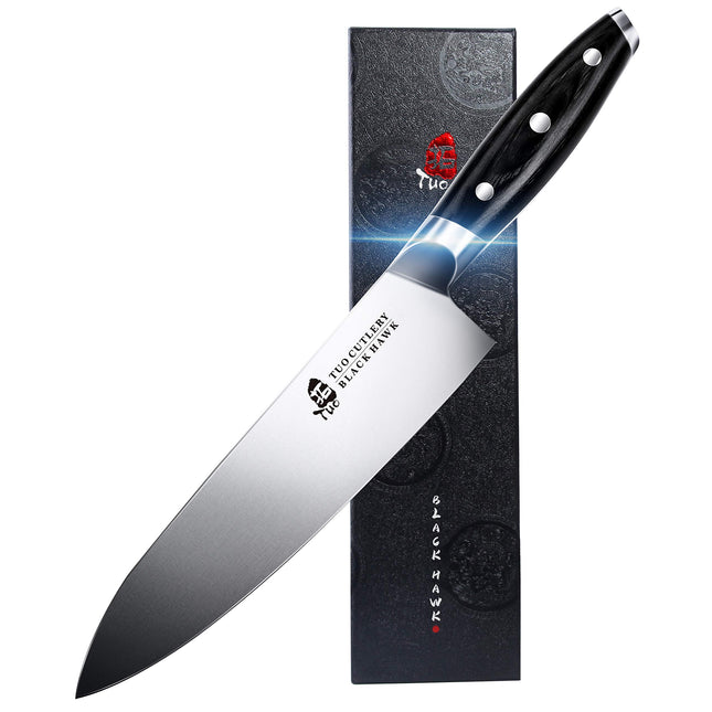 TUO Chef Knife -Professional Kitchen Chefs Knife Cooking Knife Gyuto Knives 8 Inch,Razor Sharp German HC Steel Japanese Chef Knife with Ergonomic Pakkawood Handle - BLACK HAWK SERIES in Gift Box