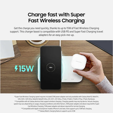 SAMSUNG 15W Wireless Charger Duo w/ USB C Cable, Charge 2 Devices at Once, Cordless Super Fast Charging Pad for Galaxy Phones and Devices, 2022, US Version, Black